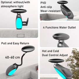 WLGRXDD Bathroom Vanity Faucet with Pull Out Sprayer Hot and Cold Water Sink Faucet LED Ambient Light Single Handle Modern Bathroom Basin Copper Faucet, Rotating Bathroom FaucetGrey,with led