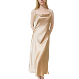 QENSILK Women’s 19 Momme Mulberry Silk Nightgown Cowl-neck Chemise Midi Sleepwear Spaghetti-strap Nightdress Slip Dress Camel