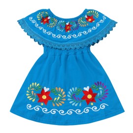 FYMNSI - Vestido mexicano para niñas y bebés, vestido mexicano con bordado floral étnico, vestido casual con volantes para verano y día festivo, Azul, 2-3T