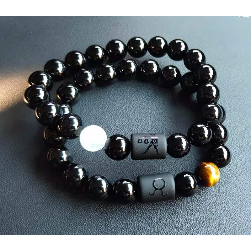 Zodiac Stretch Bracelet Women,8MM Natural Black Onyx Stone Star Sign