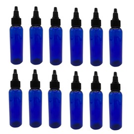 Natural Farms - Botellas de plástico Cosmo azul de 2 onzas, paquete de 12 botellas vacías recargables, sin BPA, aceites esenciales, aromaterapia, tapa superior giratoria negra, fabricada en los Estados Unidos