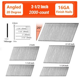 SITLDY 16 Gauge 20-Degree Angled Finish Nails, 2-1/2 inch 2000-Pack Galvanized, for Pneumatic, Electric Angled Finish Nailer