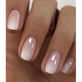 Gradient Short Press on Nails Square Chrome False Nails with Design French Acrylic Nails Glossy Reusable press on nails chrome Fake Nails Full Cover Stick on Nails for Women and Girls