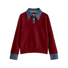 BQDCQB Womens Fall Oversized Long Sleeve Sweaters 2 in 1 Denim Panel Lapel Sweater Polo Knit Sweater Tops(Red-L)