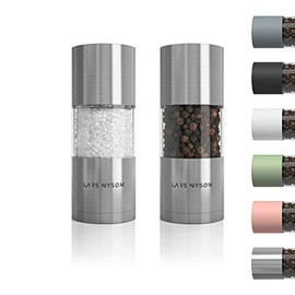 LARS NYSÃM Stainless Steel Salt and Pepper Mills Set with Adjustable Ceramic Grinder 2 pieces I Design Spice Mills Set Manual (Set of 2, Stainless Steel)