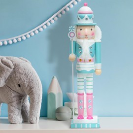 KINGYEE Christmas Nutcracker Pink and Blue 15-Inch Set of 2 Wooden Nutcracker Soldier Figurine Display Set for Kids Room Baby First Christmas Decor