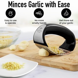 Zulay Stainless Steel Garlic Press Rocker Set - Premium Garlic Mincer Garlic Crusher - New Innovative Garlic Crusher with Peeler and Scraper - Comfortable Grip (DeepBlack)