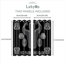 LshyMn Fitness Gym Curtains Window Treatments Drapes, Grommet Curtains, Motivational Quotes No Pain No Gain, Living Room Bedroom Light Blocking Curtains, 2 Panels Set, 52x63 Inches CLWYMN226