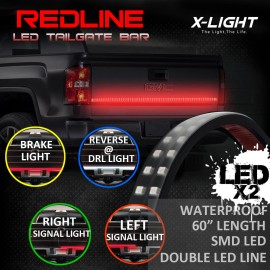 X-LIGHT 60" Redline DOUBLE LED Tailgate Light Bar w/ RED Turn Signal - No Drill 2-Row