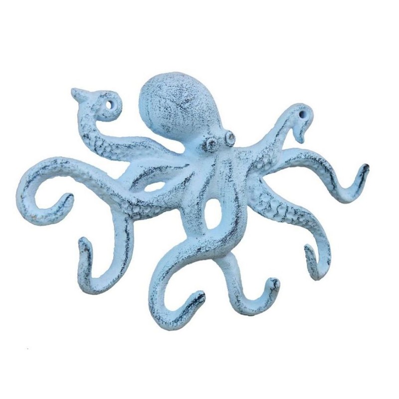 Rustic Dark Blue Whitewashed Cast Iron Octopus Hook 11 Inch