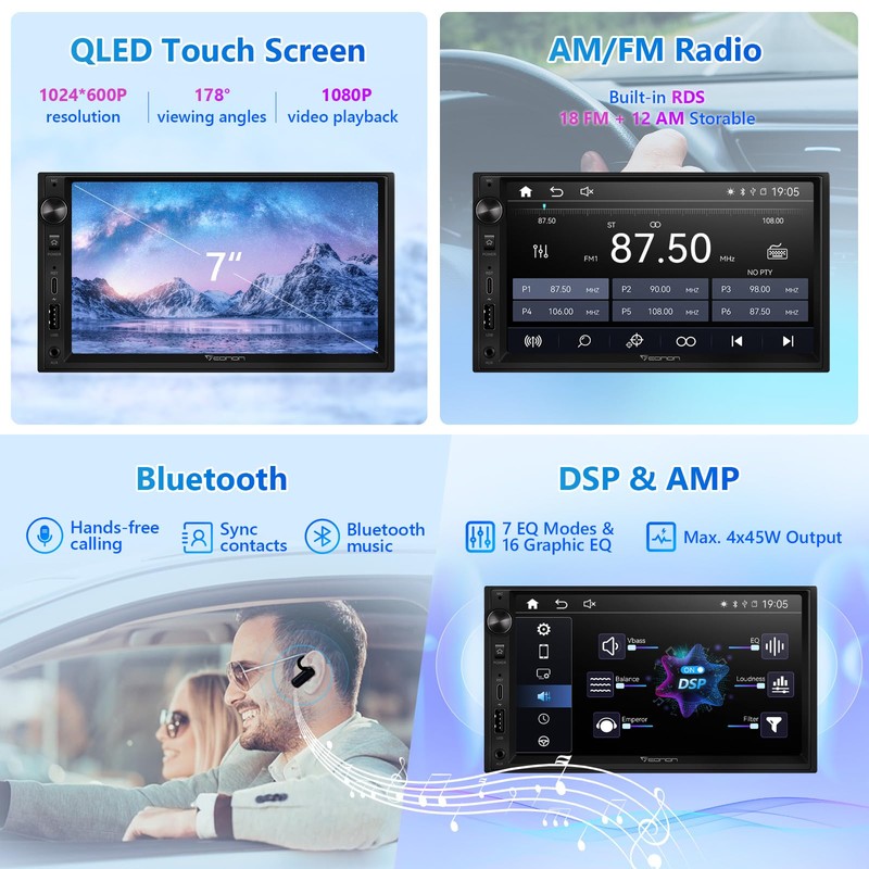 Eonon 7'' Double Din Car Stereo Wireless CarPlay & Wireless