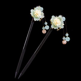 2 Pcs Wooden Chinese Hair Sticks for Long Hair, Vintage Retro Hair Chopsticks for Women Bun, Elegant Flower Tassel Chinese Hair Pins Chignon