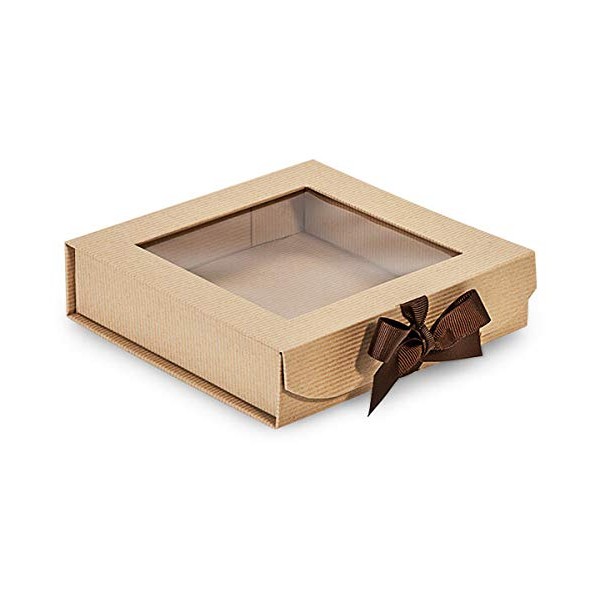 24 PK, Kraft Pinstripe Folding Box with Window & Ribbon