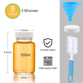 LOVLLE Glass Juice Shot Bottles with Caps - 8 Pack 3.5oz Small Clear Reusable Jars with Lids for Juicing Beverage Storage Liquids with Brush and Funnel