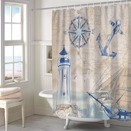 ZCHOMI Nautical Shower Curtain Sailboat Lighthouse Compass Anchor Ocean Beach Shower Curtains for Bathroom Waterproof Polyester Fabric Bathroom Curtain 72 x 72 Inch with 12 Hooks