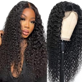 Lakaisa Human Hair Curly Wave Human Hair Wig 4 x 1 Lace #1B Natural Black Glueless Wear and Go Wig Women's Real Hair Bleached Knots Pre Plucked Hairline with Baby Hair for Woman 28 Inches