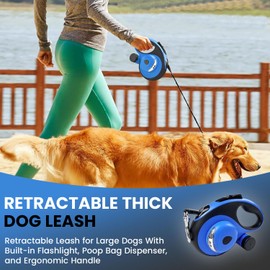 Best Dog Supplies Retractable Thick Dog Leash for S, M, Large Dogs with Bag Dispenser and Flashlight, 26ft/8M for Dogs up to 110lbs Pet Leash One Button Break Retractable Color - Blue