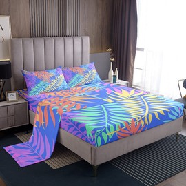 Erosebridal Palm Tree Leaf Sheet Set Twin Size,Tropical Botanical Bedding Set Colorful Plant Bed Sheets for Kids Boys Girls,Garden Leaves Nature Art Fitted Sheet + Flat Sheet + 1 Pillow Case