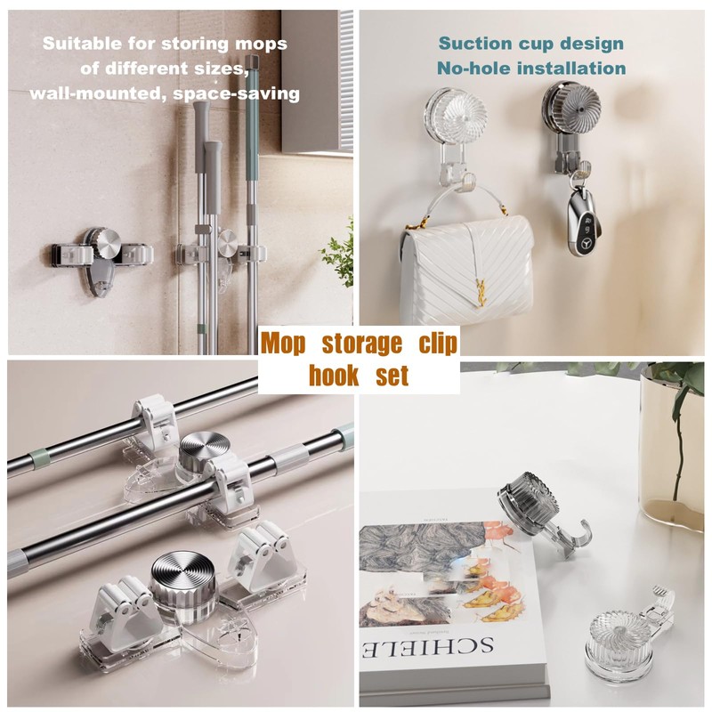 Broom Holder Mop Hanger(2pcs Racks & Hook Set),Wall Mount Organization