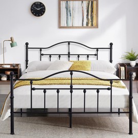 VECELO Queen Bed Frame Metal Platform Mattress Foundation with Headboard Footboard Steel Slat Support/No Box Spring Needed/Easy Assembly Victorian Style