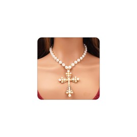 Punk Crystal Cross Pearl Necklace for Women Chunky Pearl Beaded Choker Gothic Rhinestone Cross Pendant Necklace Faith Protection Jewelry (Gold4)