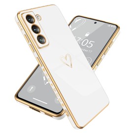 Compatible with Samsung S21 5G(6.2 inch) Case Luxury Plating Love Heart Phone Case with Side Small Pattern Ultra Slim Soft TPU Shockproof Protective Electroplated Cover for Samsung S21-White