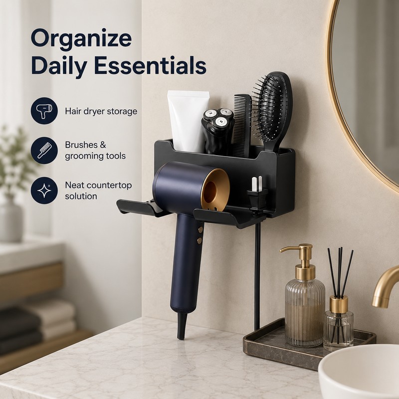 Drill-Free Wall Mount Hair Dryer Holder – Multifunctional Bathroom Organizer