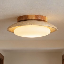 9.8'' Yellow Travertine Flush Mount Ceiling Lamp with Wood Base & Round Lampshade, Wabi Sabi Natural Stone Ceiling Light, Japanese Stone Light for Bedroom, Living Room, Kitchen Island, Hallway