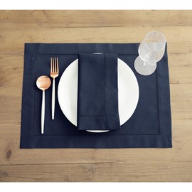 Solino Home Navy Cloth Napkins Set of 6 – Cotton Linen Hemstitch Napkins 20 x 20 Inch – Machine Washable Fall, Thanksgiving, Christmas Dinner Napkins