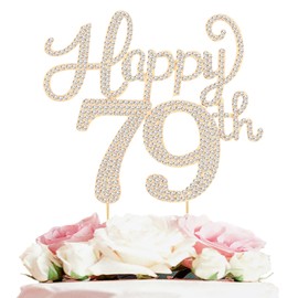 LASKYER - Decoración de 79 cumpleaños, decoración de 79 cumpleaños con diamantes de imitación dorados, cartel de metal brillante para tartas de cumpleaños de 79 años