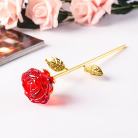 Movdyka Crystal Red Rose Flowers Gifts for Women Mom Wife Girlfriend Glass Roses Golden Stem with Vase Figurine Collectible Home Decor for Mothers Day Wedding Anniversary