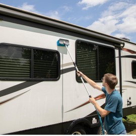 Camco RV Flow-Through Wash Brush - Features an Adjustable Handle, a Standard Garden Hose Connection, and an On/Off Button to Control Water Flow (43633)