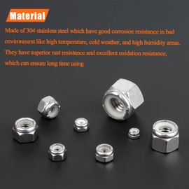 #4-40#6-32#8-32#10-24 1/4"-20 Lock Nuts, HELIFOUNER 126 Pieces 5 Sizes Nylon Insert Hex Lock Nuts Assortment Kit, 304 Stainless Steel (18-8) Locknuts, Coarse Thread