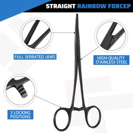 BBTO Hemostat Curved and Straight Hemostat Forceps Piercing Pliers Forceps, Stainless Steel Straight and Curved Pliers, Fishing Tweezer(Black,2 Pcs)