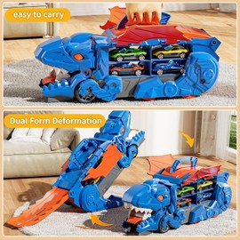 Uandhome Dinosaur Transporter Truck Toy for Kids,Race Track Toy Suit with 12 Diecast Racing Cars,Transformed Dinosaur Carrier Truck with Handle,Gifts for Age 3-5 Boys Girls(Blue)