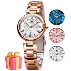 OLEVS Wrist Watches for Women Elegant Date Roman Numeral Scale Womens Quartz Watches Rose Gold Stainless Steel Watches with Silver Dial Waterproof Luminous