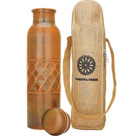 Copper Water Bottle for Drinking 34 Oz Large Handcrafted Ayurvedic Pure Copper Bottle Leak Proof Lid – Diamond Finish Copper Vessel with Carry Bag for Gym,Yoga, Meditation - 1000 ml / 1L