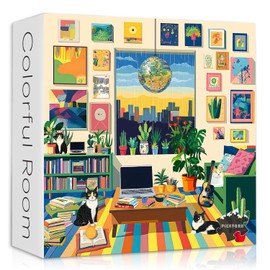 PICKFORU Cat Cozy Puzzles for Adults 1000 Pieces, Colorful Kitty Living Room Art Plant Puzzle, Vintage Animal Book Kitten Challenging Difficult Puzzle for Adults