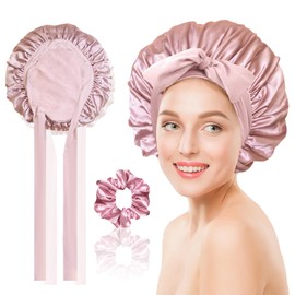 Chloven Mulberry Silk Bonnet for Sleeping Women - Larger Double Layer Silk Hair Wrap Bonnet for Curly Short Long Hair with Tie Band Non-Slip Sleep Cap Stay On Head Pink