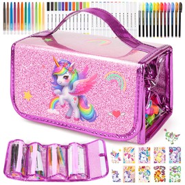 Unicorn Washable Markers for Kids With Glittery Pencil Case, Arts And Crafts for Kids Age 4-6-8, Art Supplies Coloring Set with Diy Unicorn Stickers, Birthday Christmas Gifts for Girls (Purple)