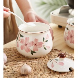 EatingBiting Ceramics Japanese Hand Painted Flower Flora Sugar Bowl Seasoning Sugar Salt Pepper Storage Jar with Lid And Spoon Sugar Storage Jar Seasoning Pot with Lid and Spoon for Home Kitchen