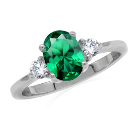 Silvershake 8X6mm Created Oval Shape Nano Green Emerald 925 Sterling Silver Engagement Ring May Gemstone Birthstone Size 11.5