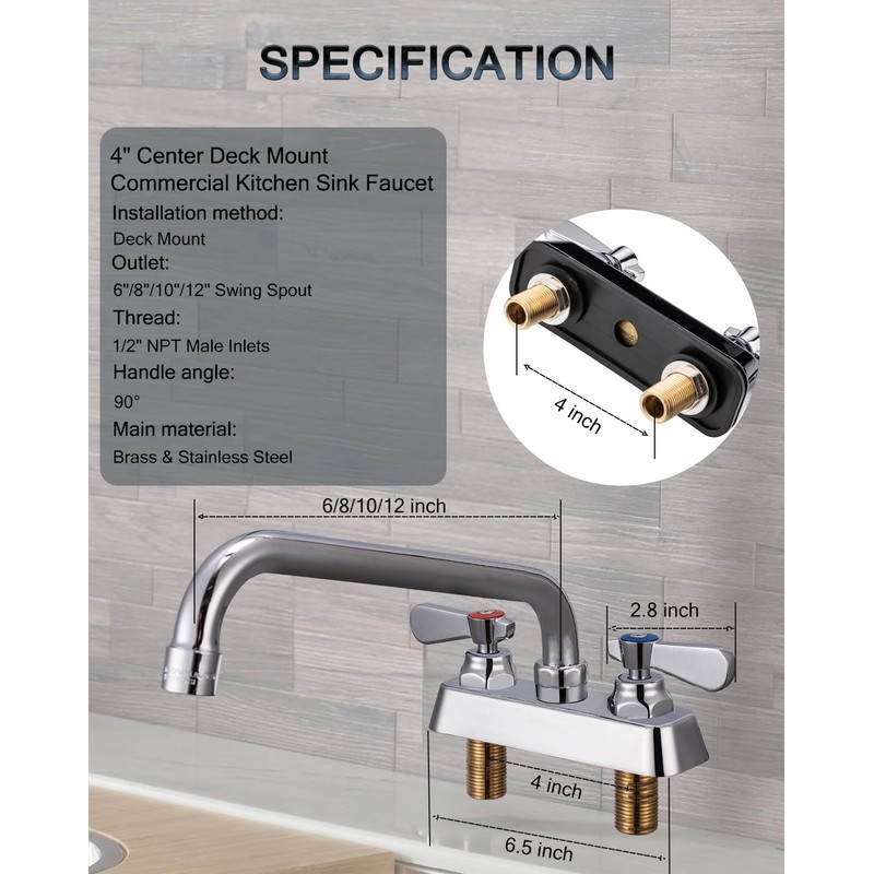 Phivan Commercial Sink Faucet 4 Inch Center Deck Mount Bar