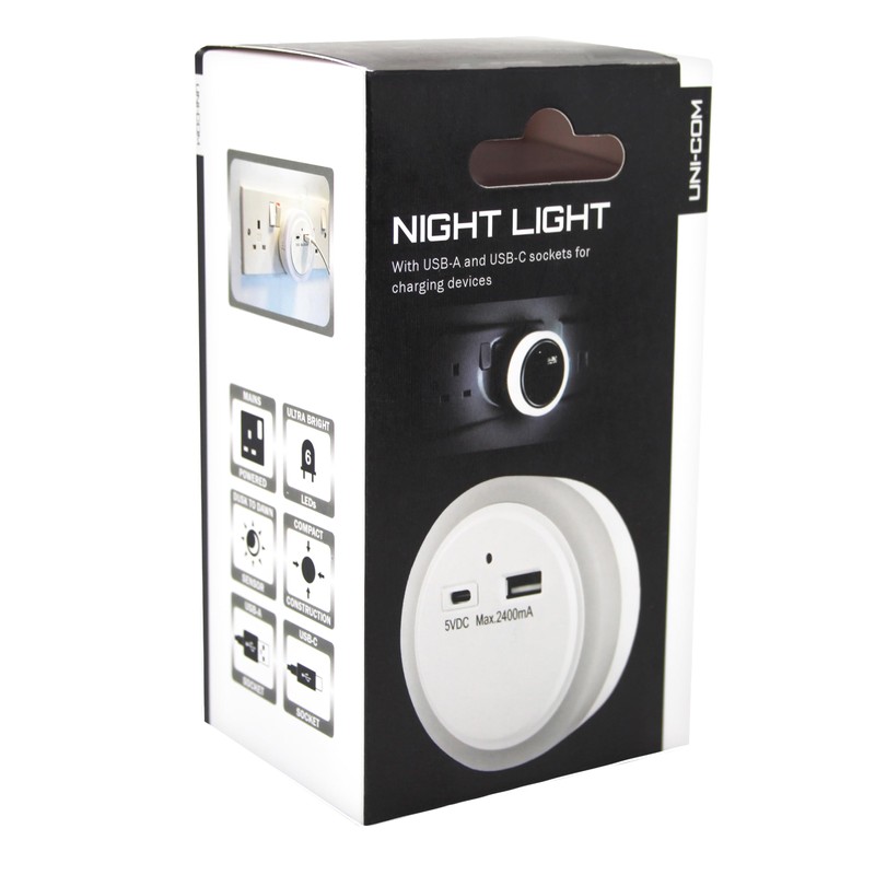 Uni-Com Plug-in Night Light with Built-in USB-A & USB-C Charger,