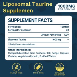 lipmaxmall Liposomal Taurine Supplement 1000mg, High Absorption Amino Acid for Heart, Nerve, Brain, Visual (60 Softgels - 1 Pack)