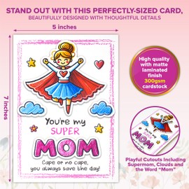 Decorably 5x7in Individual Mothers Day Card From Kids with Super Mom, Clouds & Mom Cutouts, Mothers Day Cards From Kids with Envelope and Stickers, Blank Inside
