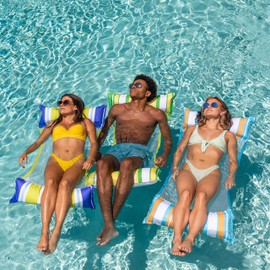 Sloosh 3 Pack Inflatable Pool Float Hammock, Water Hammock Lounges, Multi-Purpose Swimming Pool Accessories (Saddle, Lounge Chair, Drifter) for Pool, Lake, Outdoor, Beach (Dark Blue/Yellow/Orange)