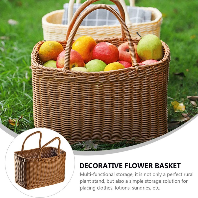 Sewroro Picnic Basket with Handles Handmade Plastic Woven Basket Multifunctional