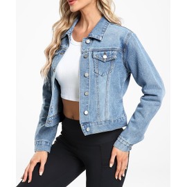 andy & natalie Jean Jacket Women Fashion Denim Jackets Long Sleeve Basic Button Down Cropped Jean Jacket with Pocketss Blue #02 Small