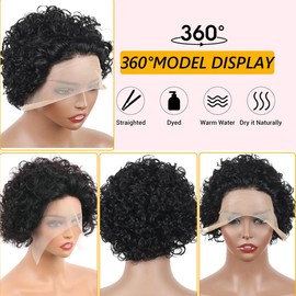 Pixie Cut Wig Human Hair Lace Short Afro Curly Bob Water Wave Lace Front Wigs13X1 HD Transparent Lace Frotal for Black Women 6 Inches Pre Plucked with Natural Black Color (1B#)